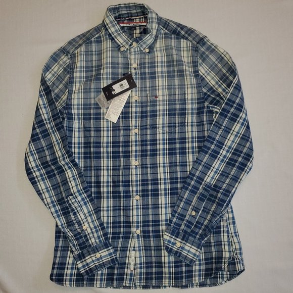 Tommy Hilfiger Button Front Sport Shirt White/Navy/Plaid Men's Size Small NWT - Picture 1 of 3